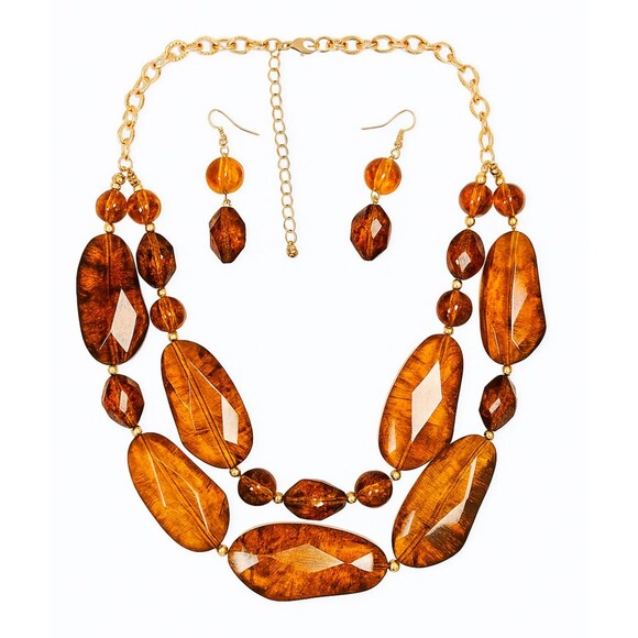 Amber Tone Necklace Earrings Set Faceted Beads Gold Chain Statement 16" - 19" - Picture 1 of 16